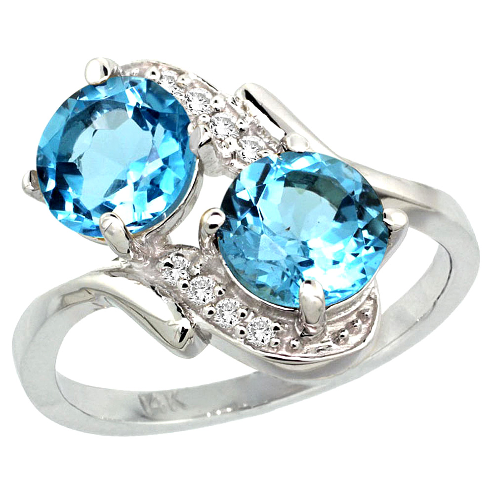 14k White Gold Diamond Natural Swiss Blue Topaz Mother&#039;s Ring Round 7mm, 3/4 inch wide, sizes 5 - 10