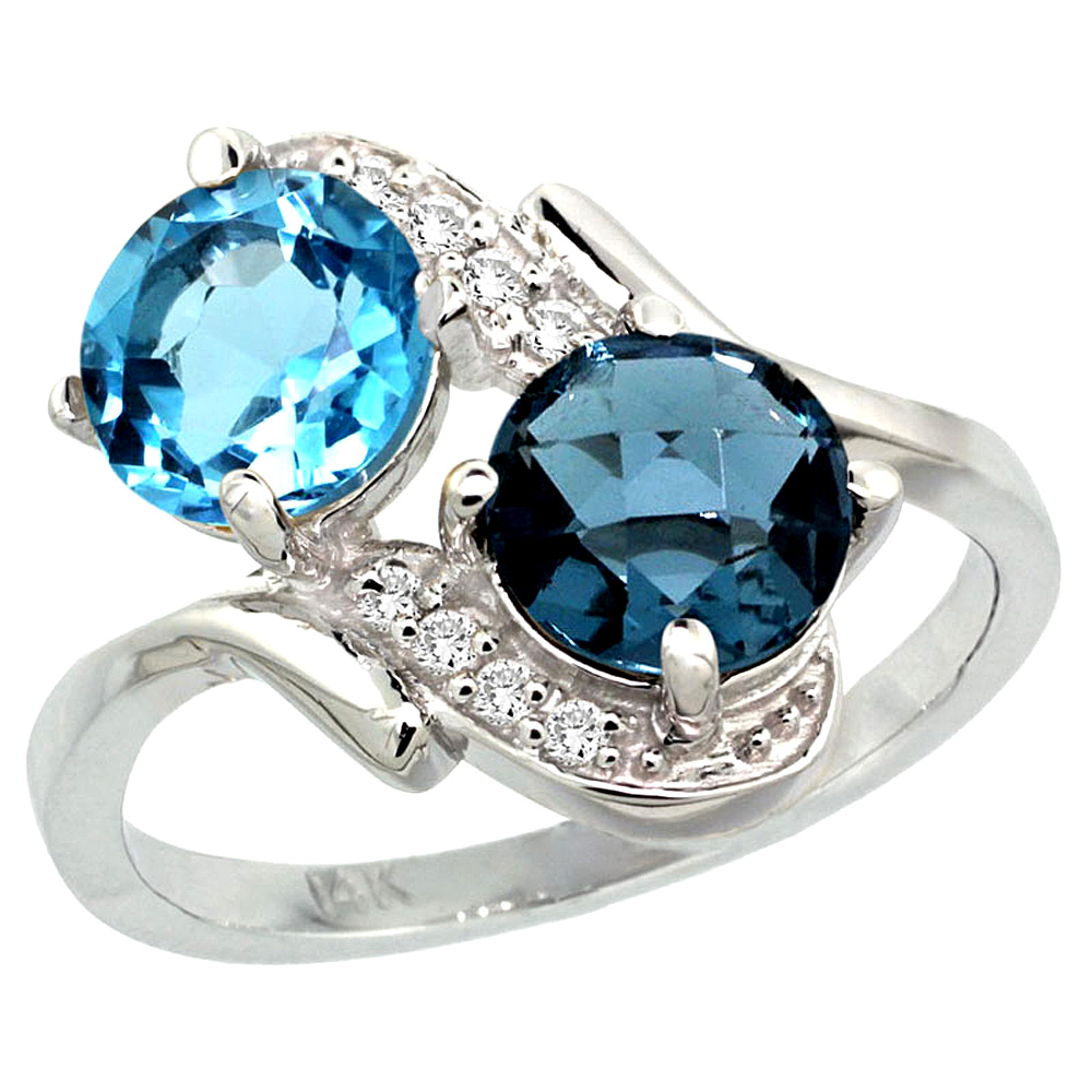 14k White Gold Diamond Natural Swiss & London Blue Topaz Mother's Ring Round 7mm, 3/4 inch wide, sizes 5 - 10