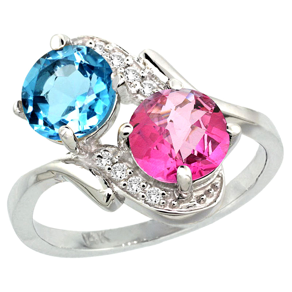 14k White Gold Diamond Natural Swiss Blue &amp; Pink Topaz Mother&#039;s Ring Round 7mm, 3/4 inch wide, sizes 5 - 10