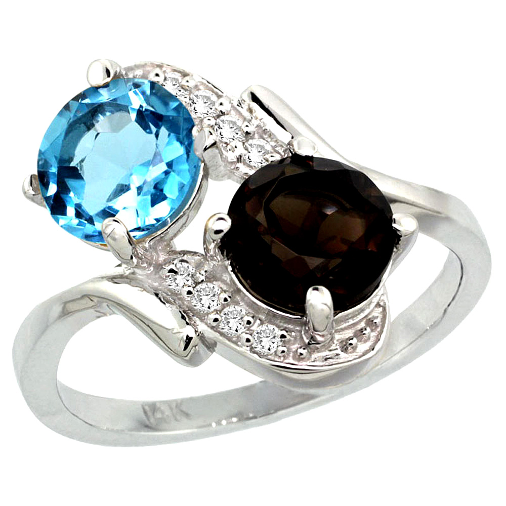 14k White Gold Diamond Natural Swiss Blue & Smoky Topaz Mother's Ring Round 7mm, 3/4 inch wide, sizes 5 - 10