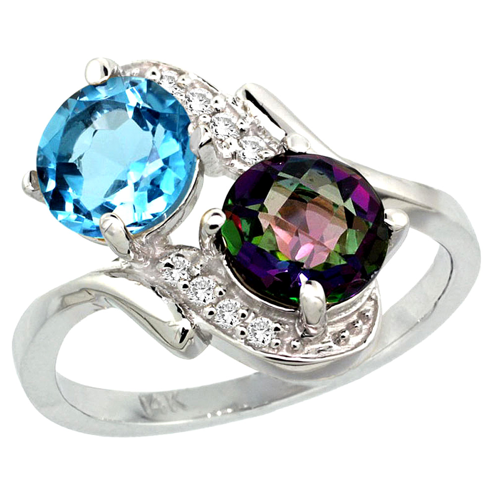 14k White Gold Diamond Natural Swiss Blue &amp; Mystic Topaz Mother&#039;s Ring Round 7mm, 3/4 inch wide, sizes 5 - 10