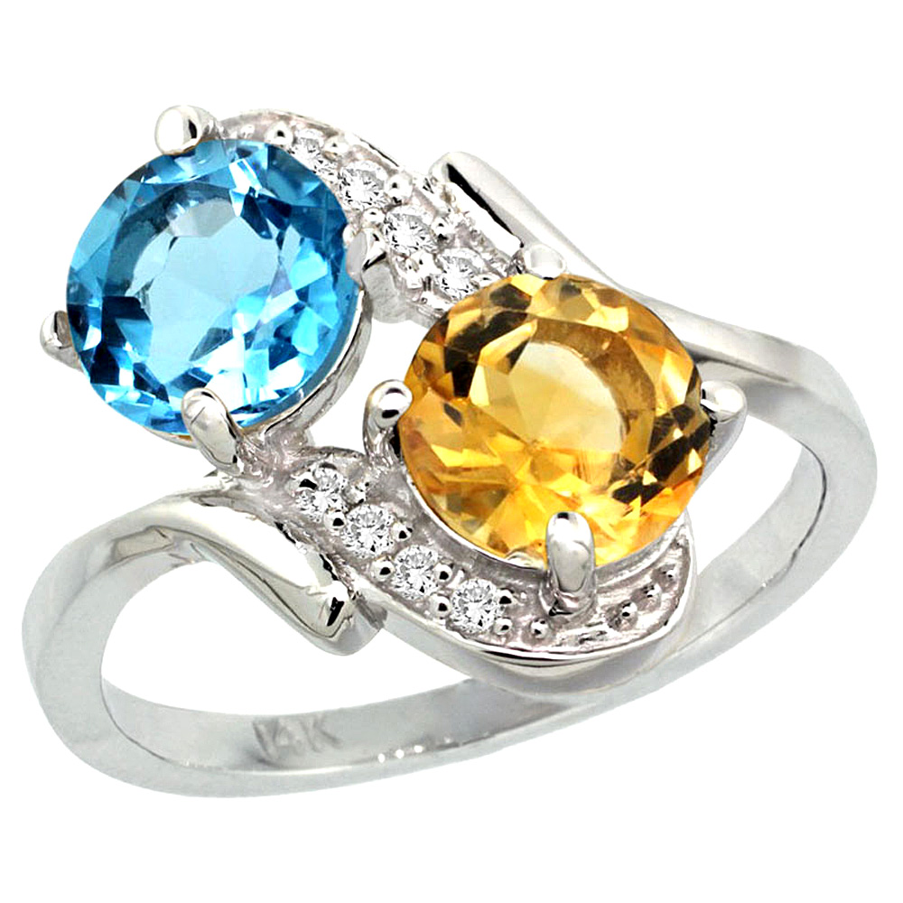 14k White Gold Diamond Natural Swiss Blue Topaz & Citrine Mother's Ring Round 7mm, 3/4 inch wide, sizes 5 - 10