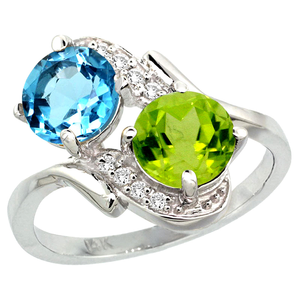10K White Gold Diamond Natural Swiss Blue Topaz &amp; Peridot Mother&#039;s Ring Round 7mm, 3/4 inch wide, sizes 5 - 10