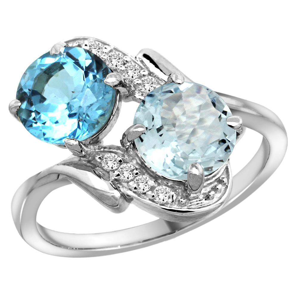 14k White Gold Diamond Natural Swiss Blue Topaz & Aquamarine Mother's Ring Round 7mm, 3/4 inch wide, sizes 5 - 10