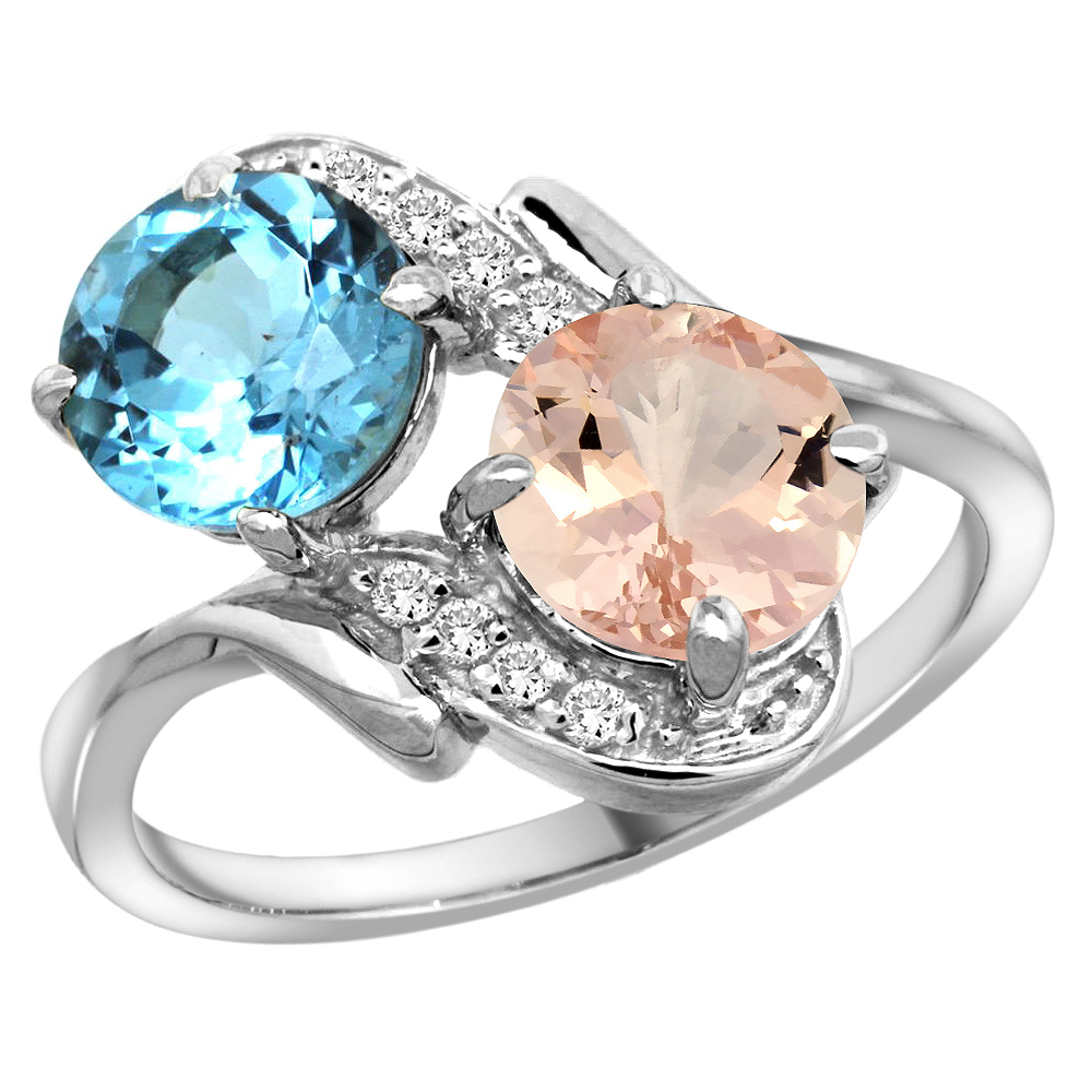 14k White Gold Diamond Natural Swiss Blue Topaz & Morganite Mother's Ring Round 7mm, 3/4 inch wide, sizes 5 - 10