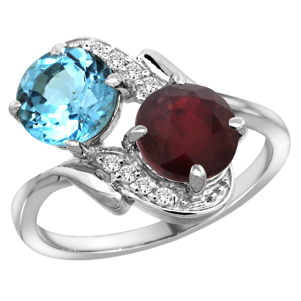 14k White Gold Diamond Natural Swiss Blue Topaz &amp; Enhanced Genuine Ruby Mother&#039;s Ring Round 7mm, 3/4 inch wide, sizes 5 - 10