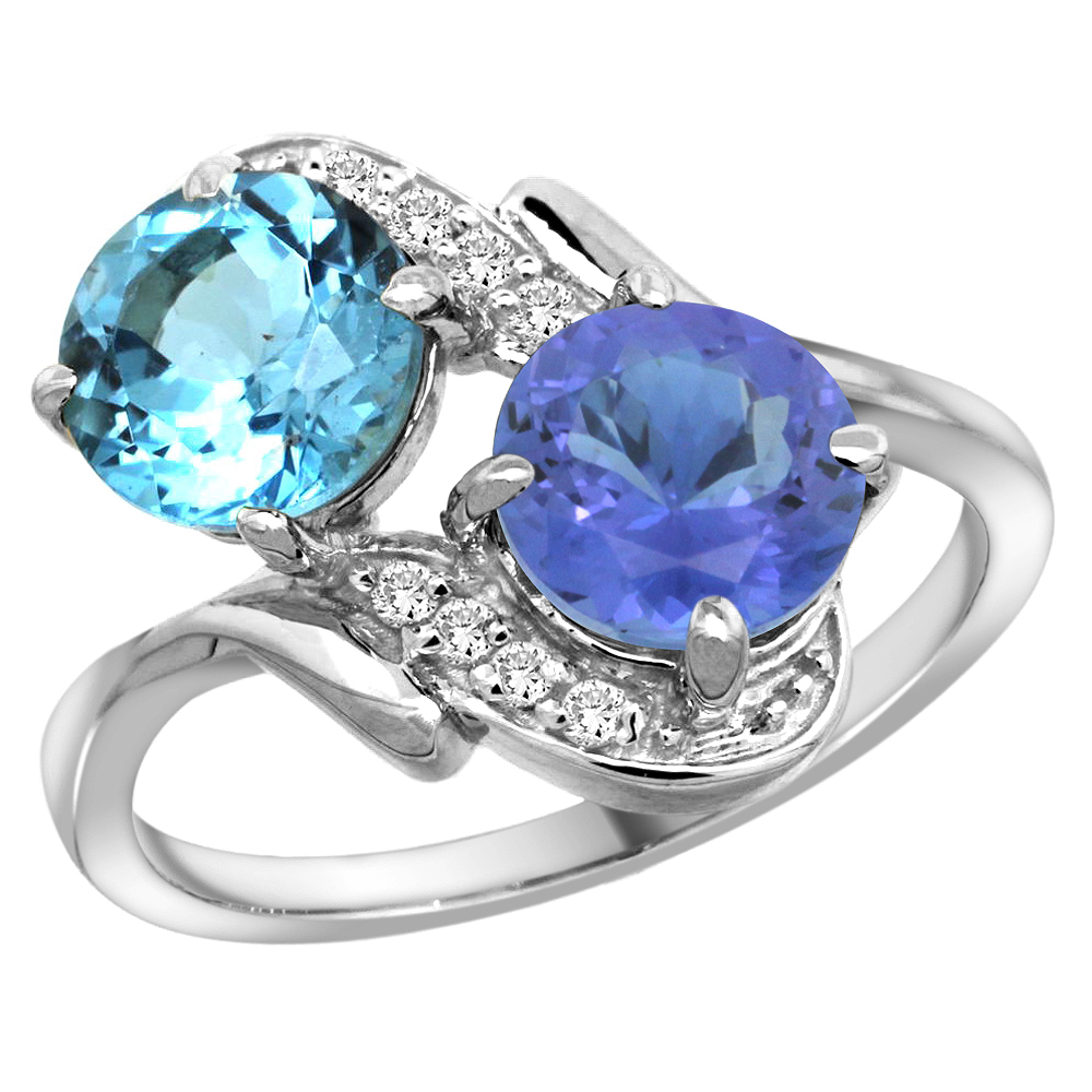 10K White Gold Diamond Natural Swiss Blue Topaz & Tanzanite Mother's Ring Round 7mm, 3/4 inch wide, sizes 5 - 10