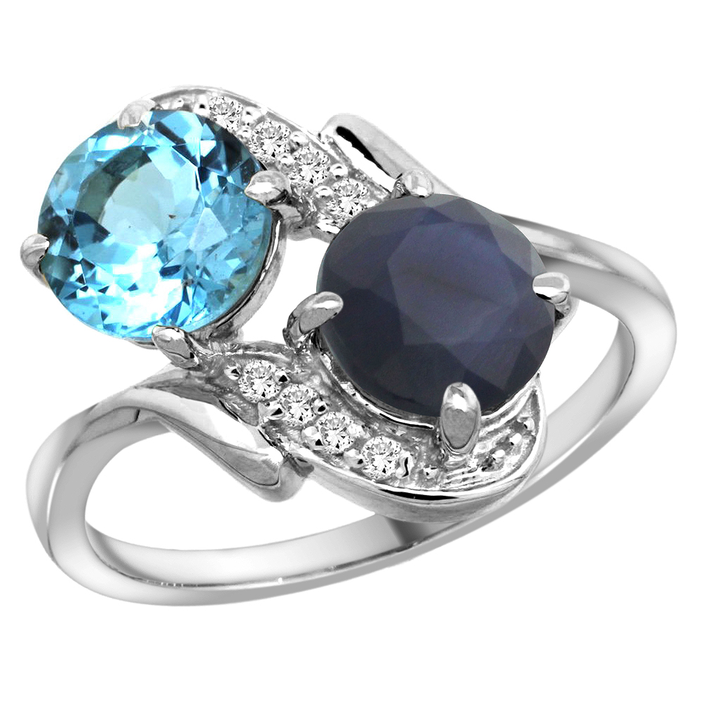 14k White Gold Diamond Natural Swiss Blue Topaz &amp; Quality Blue Sapphire 2-stone Ring Round 7mm, size 5-10