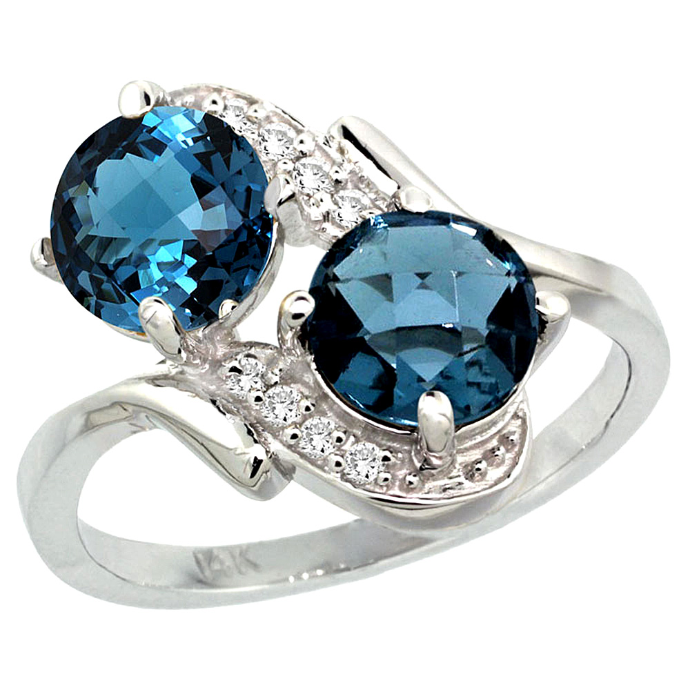 14k White Gold Diamond Natural London Blue Topaz Mother's Ring Round 7mm, 3/4 inch wide, sizes 5 - 10