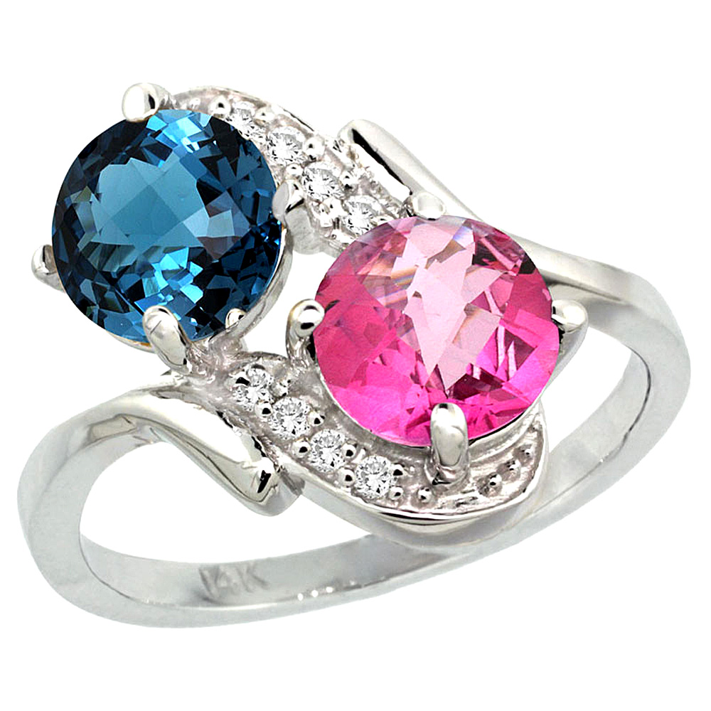 14k White Gold Diamond Natural London Blue &amp; Pink Topaz Mother&#039;s Ring Round 7mm, 3/4 inch wide, sizes 5 - 10