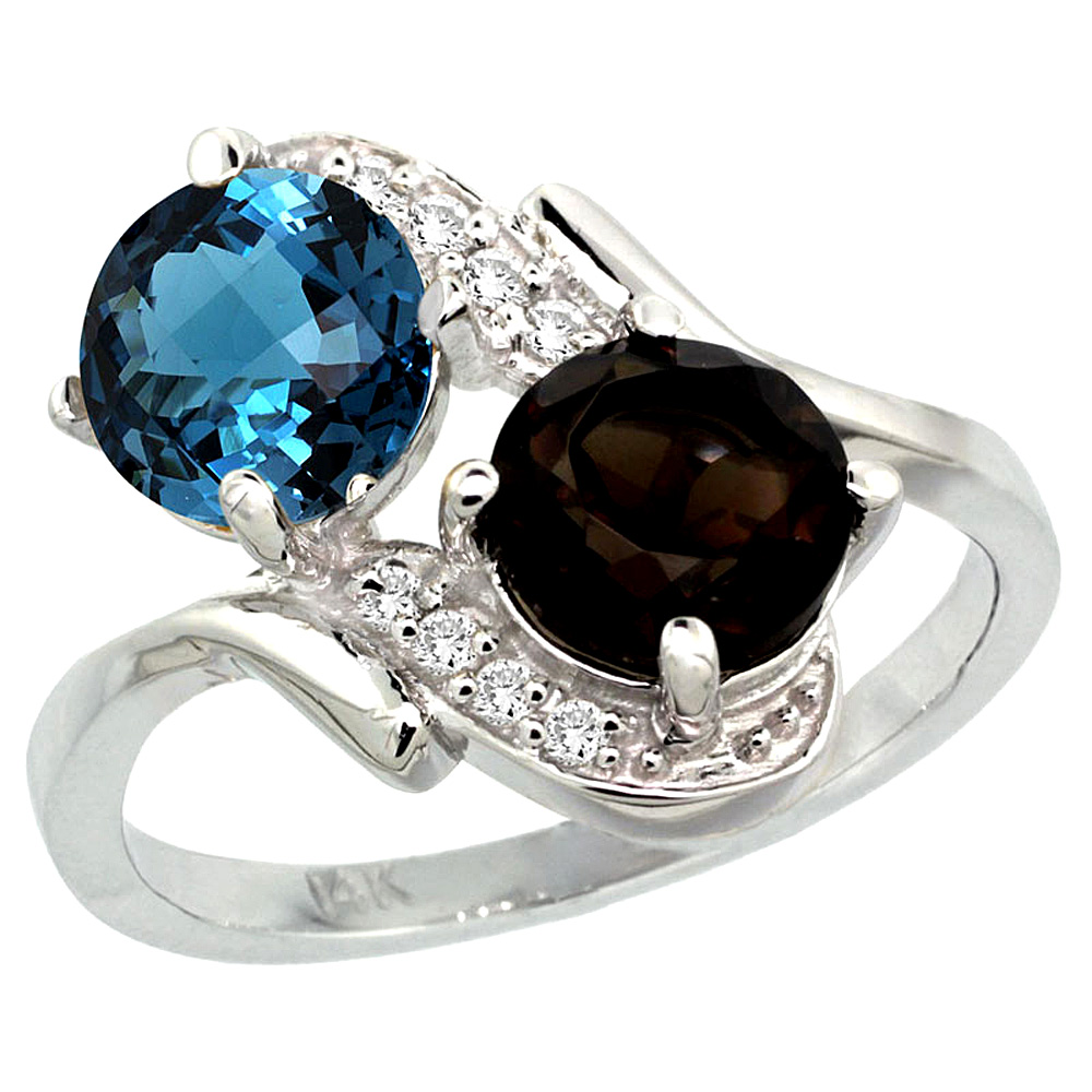 10K White Gold Diamond Natural London Blue &amp; Smoky Topaz Mother&#039;s Ring Round 7mm, 3/4 inch wide, sizes 5 - 10