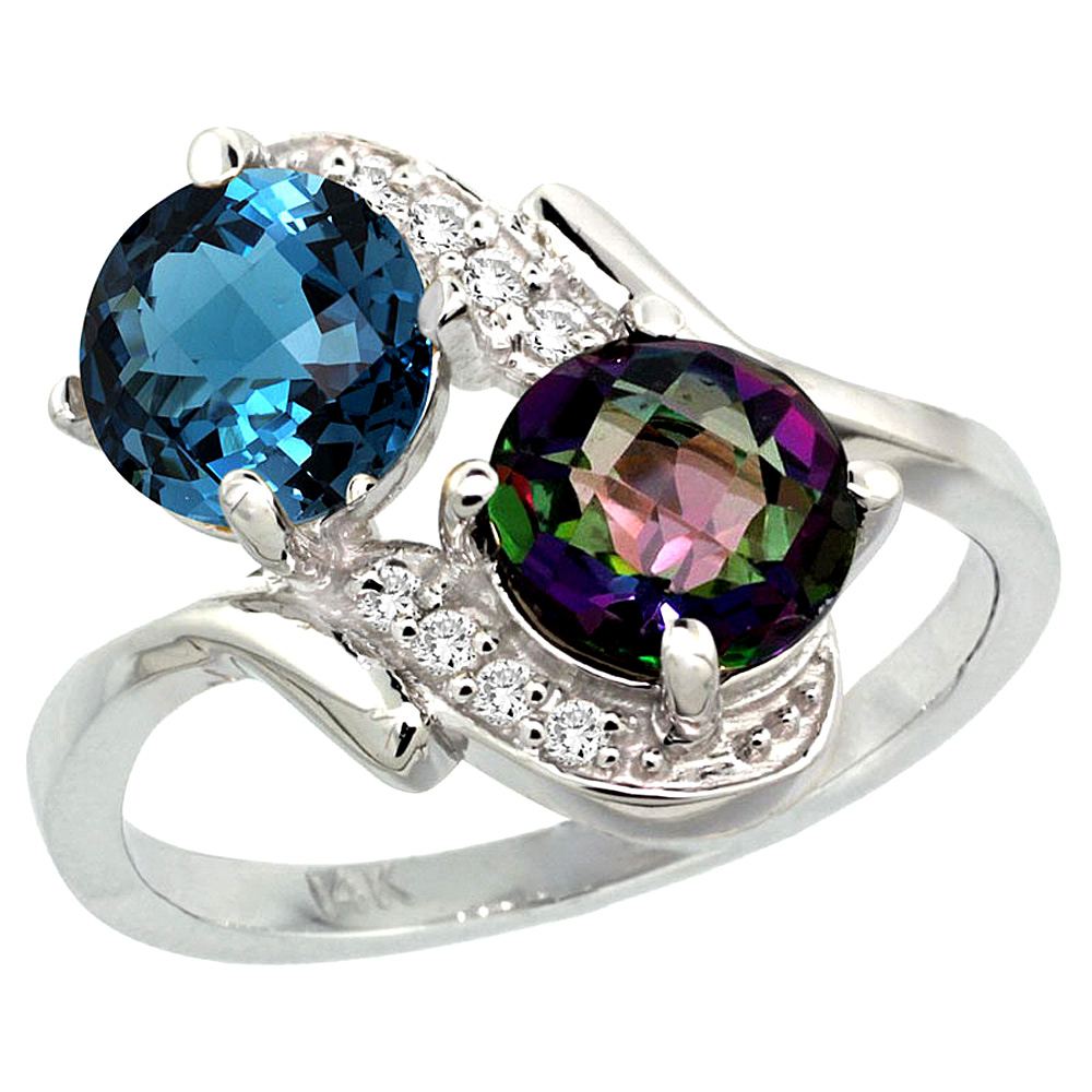 14k White Gold Diamond Natural London Blue & Mystic Topaz Mother's Ring Round 7mm, 3/4 inch wide, sizes 5 - 10