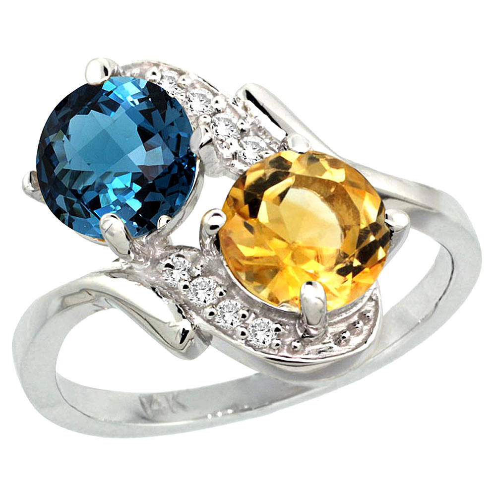14k White Gold Diamond Natural London Blue Topaz &amp; Citrine Mother&#039;s Ring Round 7mm, 3/4 inch wide, sizes 5 - 10