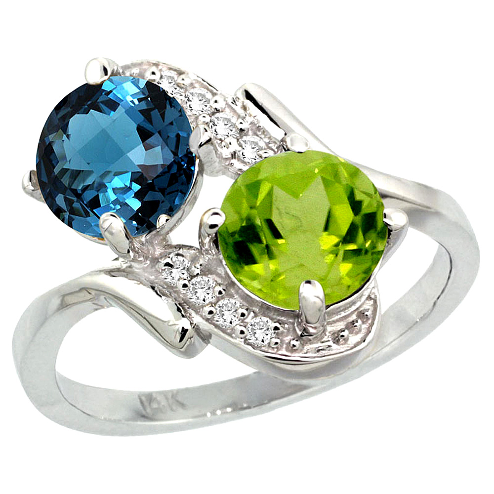 14k White Gold Diamond Natural London Blue Topaz & Peridot Mother's Ring Round 7mm, 3/4 inch wide, sizes 5 - 10