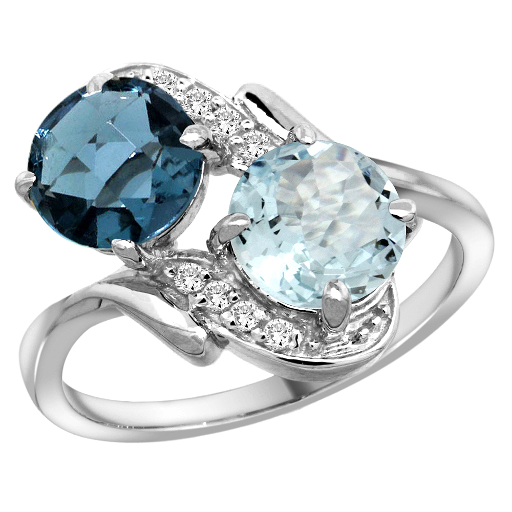 10K White Gold Diamond Natural London Blue Topaz &amp; Aquamarine Mother&#039;s Ring Round 7mm, 3/4 inch wide, sizes 5 - 10