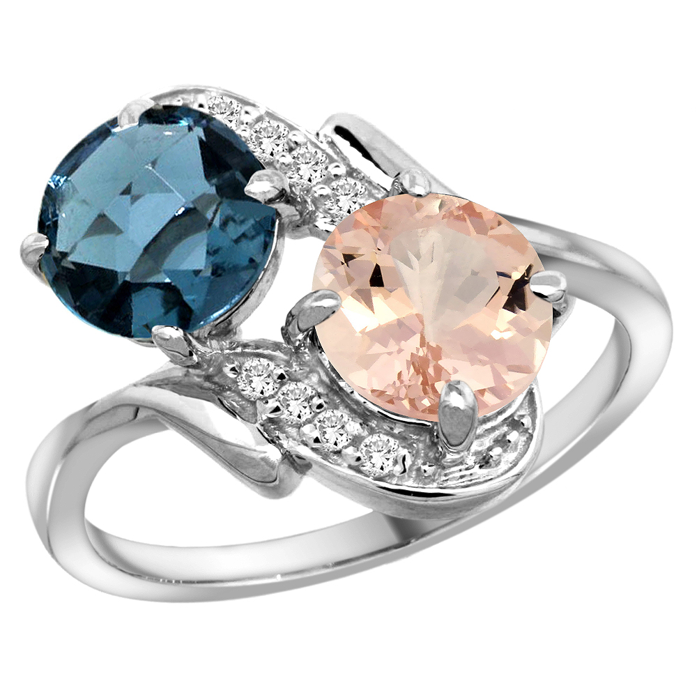 10K White Gold Diamond Natural London Blue Topaz &amp; Morganite Mother&#039;s Ring Round 7mm, 3/4 inch wide, sizes 5 - 10