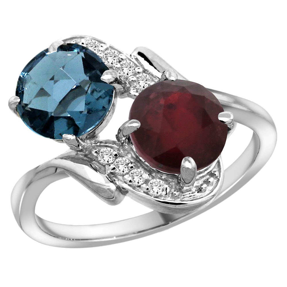 14k White Gold Diamond Natural London Blue Topaz &amp; Enhanced Genuine Ruby Mother&#039;s Ring Round 7mm, 3/4 inch wide, sizes 5 - 10