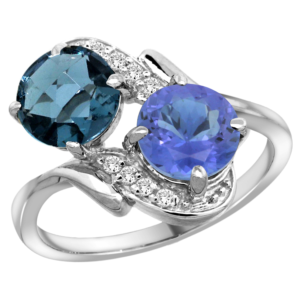 14k White Gold Diamond Natural London Blue Topaz &amp; Tanzanite Mother&#039;s Ring Round 7mm, 3/4 inch wide, sizes 5 - 10