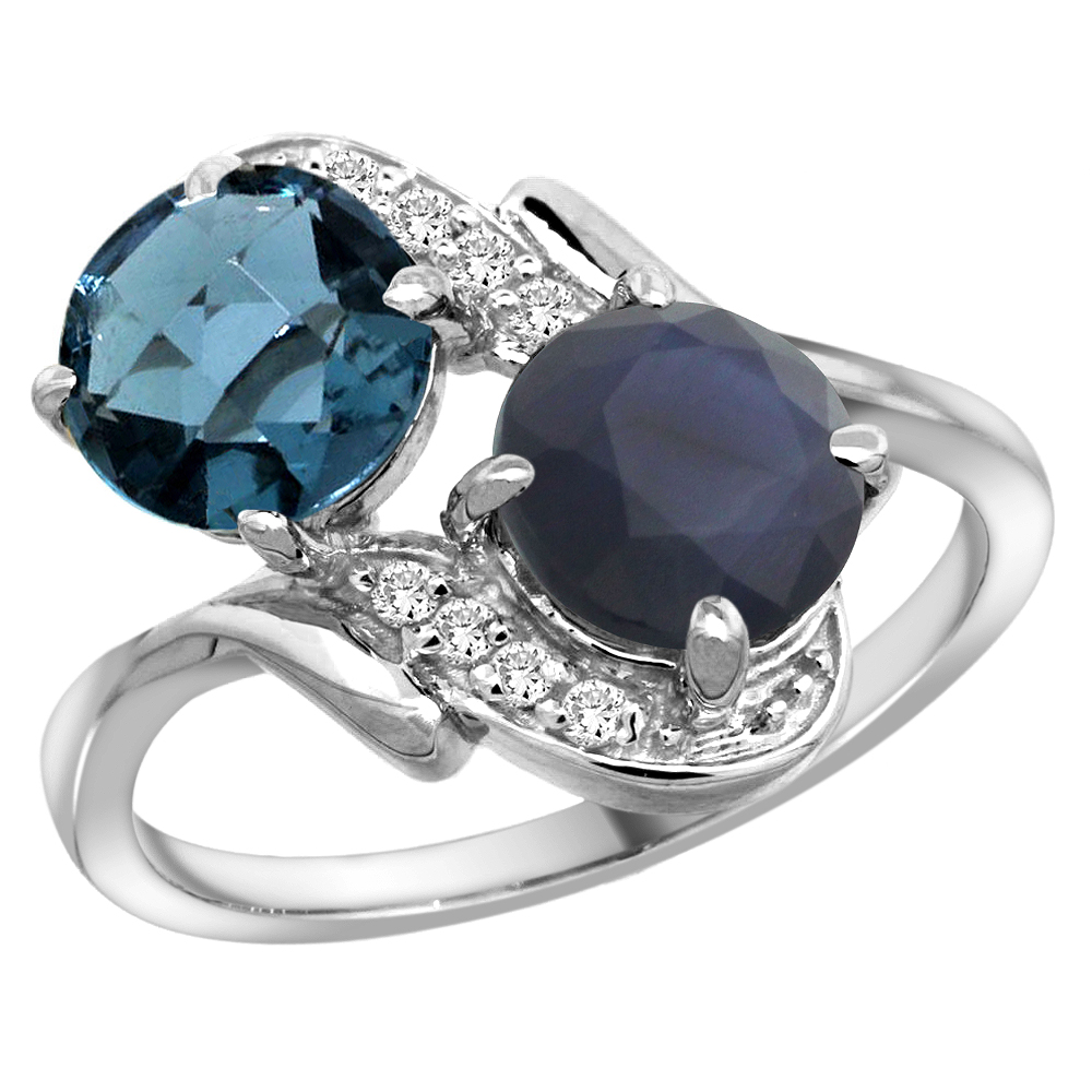 14k White Gold Diamond Natural London Blue Topaz & Quality Blue Sapphire 2-stone Ring Round 7mm, size5-10