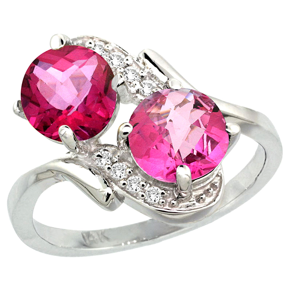 14k White Gold Diamond Natural Pink Topaz Mother's Ring Round 7mm, 3/4 inch wide, sizes 5 - 10