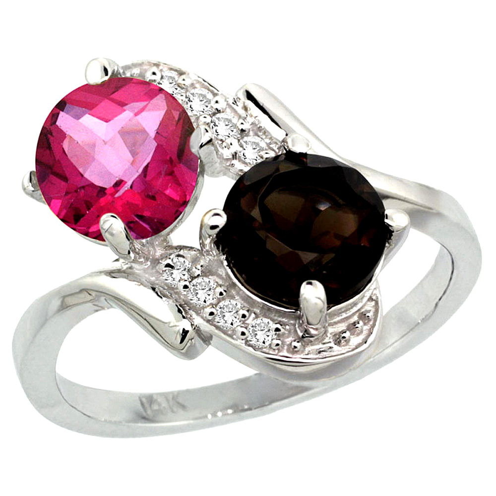 14k White Gold Diamond Natural Pink &amp; Smoky Topaz Mother&#039;s Ring Round 7mm, 3/4 inch wide, sizes 5 - 10