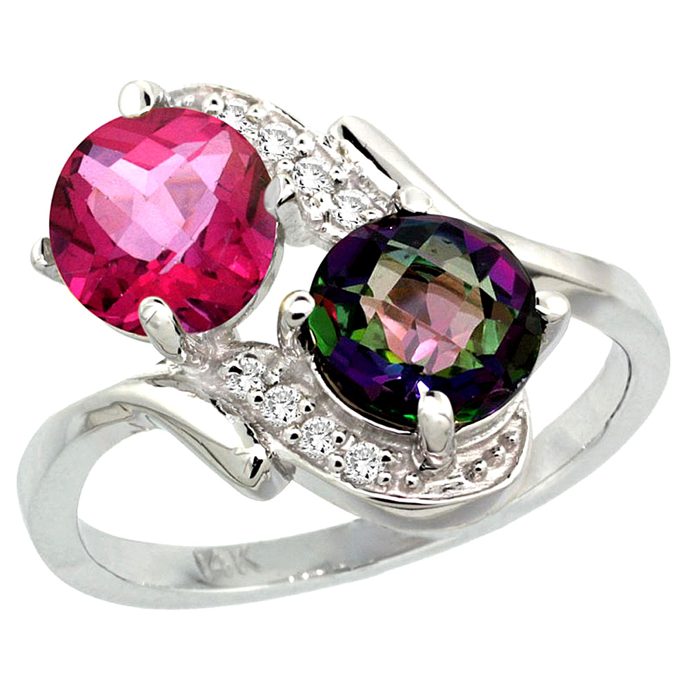 14k White Gold Diamond Natural Pink &amp; Mystic Topaz Mother&#039;s Ring Round 7mm, 3/4 inch wide, sizes 5 - 10