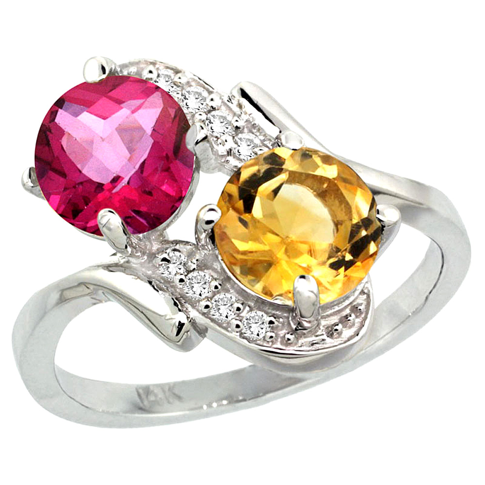 14k White Gold Diamond Natural Pink Topaz &amp; Citrine Mother&#039;s Ring Round 7mm, 3/4 inch wide, sizes 5 - 10