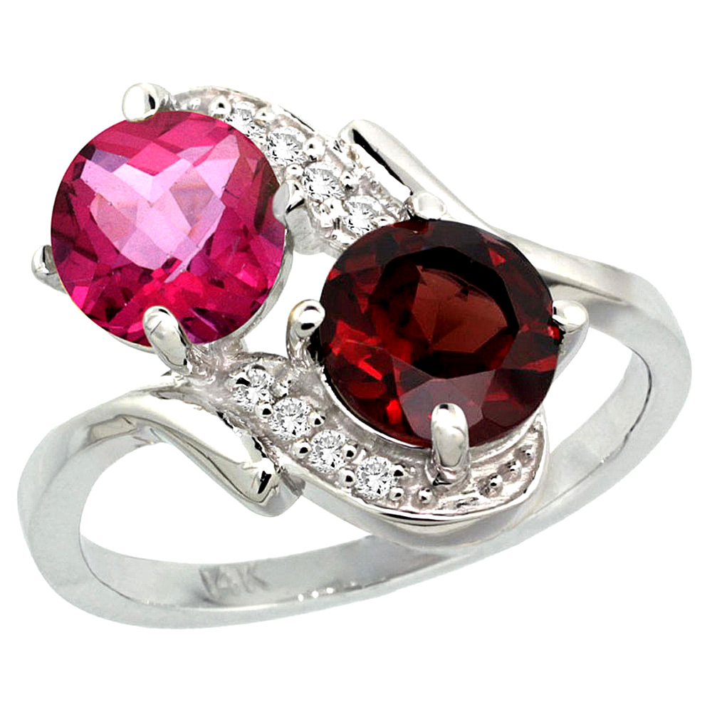 14k White Gold Diamond Natural Pink Topaz & Garnet Mother's Ring Round 7mm, 3/4 inch wide, sizes 5 - 10