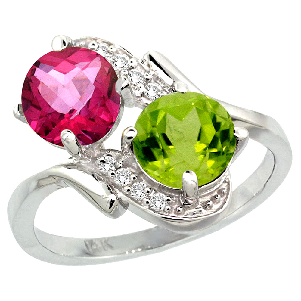 14k White Gold Diamond Natural Pink Topaz & Peridot Mother's Ring Round 7mm, 3/4 inch wide, sizes 5 - 10