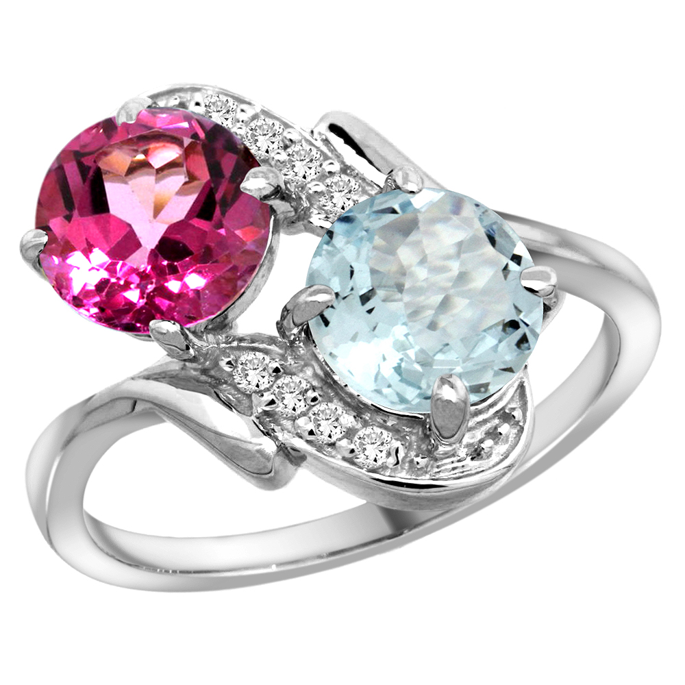 14k White Gold Diamond Natural Pink Topaz & Aquamarine Mother's Ring Round 7mm, 3/4 inch wide, sizes 5 - 10