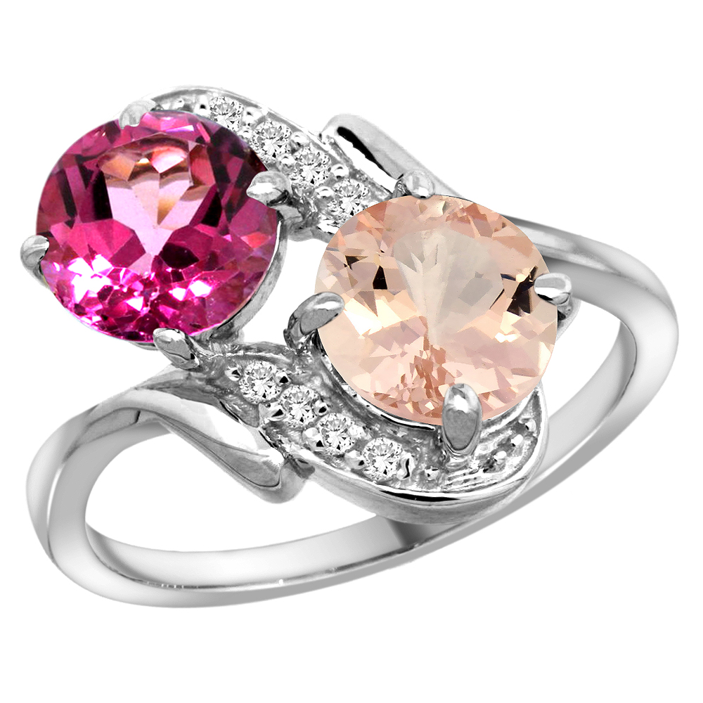 10K White Gold Diamond Natural Pink Topaz & Morganite Mother's Ring Round 7mm, 3/4 inch wide, sizes 5 - 10