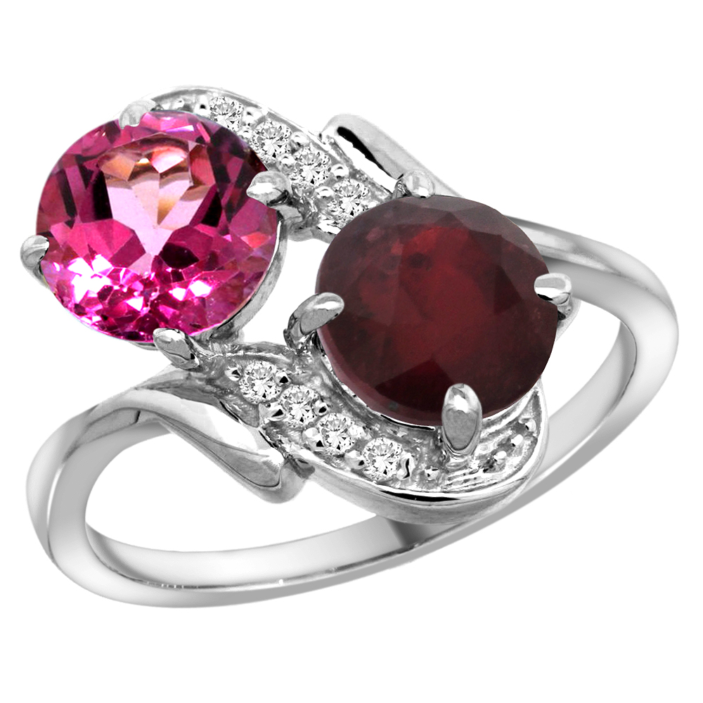 14k White Gold Diamond Natural Pink Topaz &amp; Enhanced Genuine Ruby Mother&#039;s Ring Round 7mm, 3/4 inch wide, sizes 5 - 10