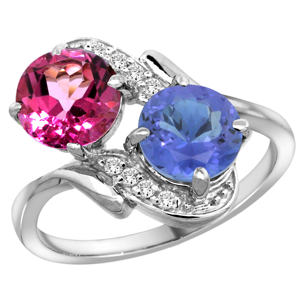 10K White Gold Diamond Natural Pink Topaz & Tanzanite Mother's Ring Round 7mm, 3/4 inch wide, sizes 5 - 10