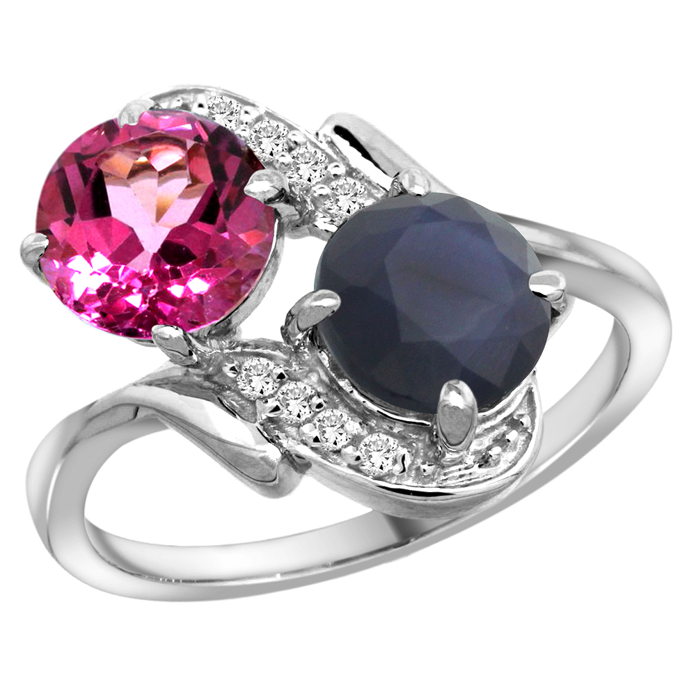 14k White Gold Diamond Natural Pink Topaz &amp; Quality Blue Sapphire 2-stone Mothers Ring Round 7mm, sz 5-10