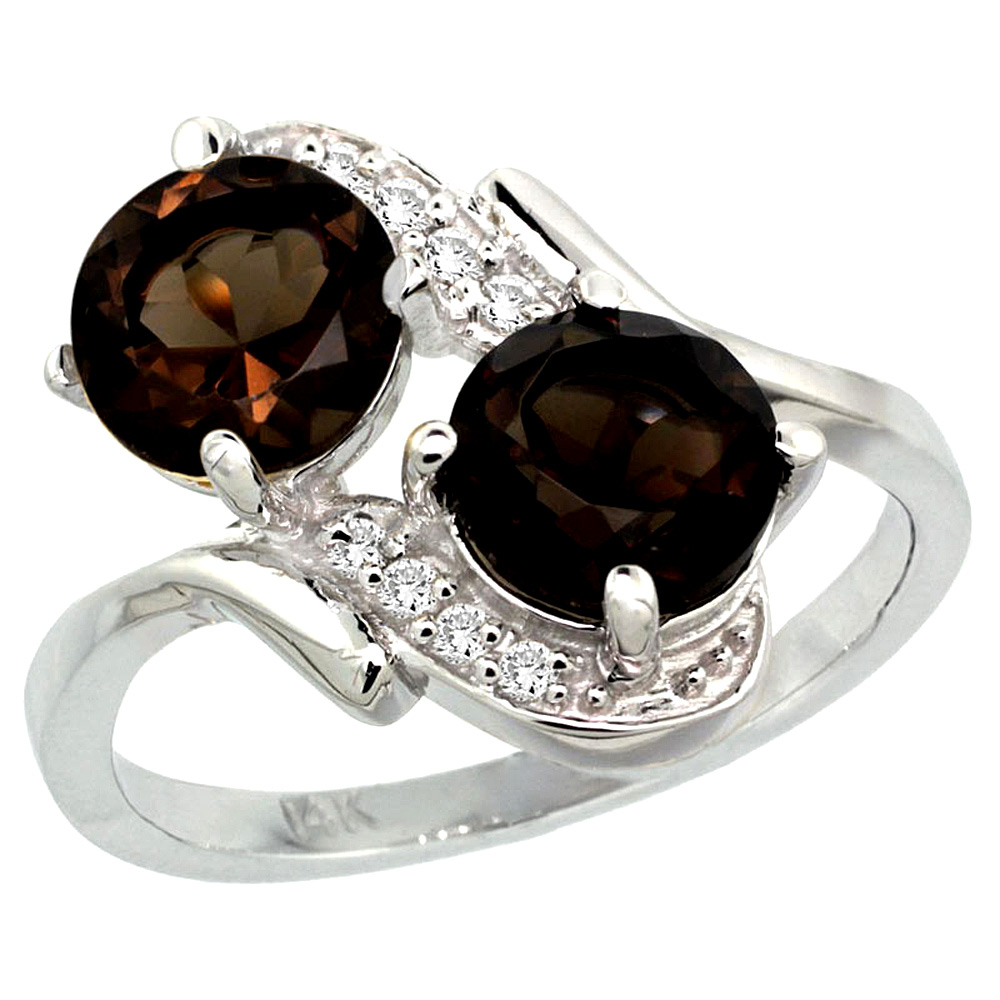 14k White Gold Diamond Natural Smoky Topaz Mother's Ring Round 7mm, 3/4 inch wide, sizes 5 - 10