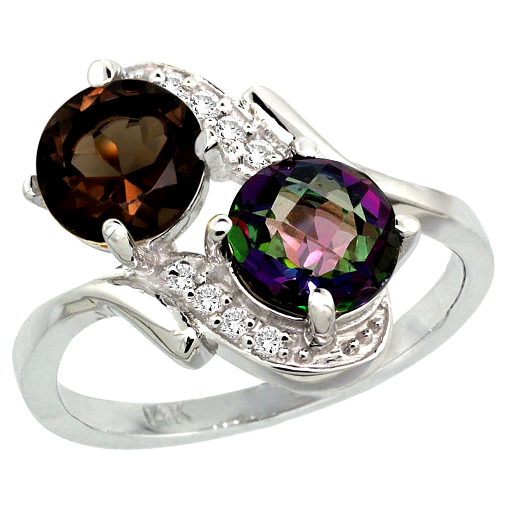 10K White Gold Diamond Natural Smoky & Mystic Topaz Mother's Ring Round 7mm, 3/4 inch wide, sizes 5 - 10