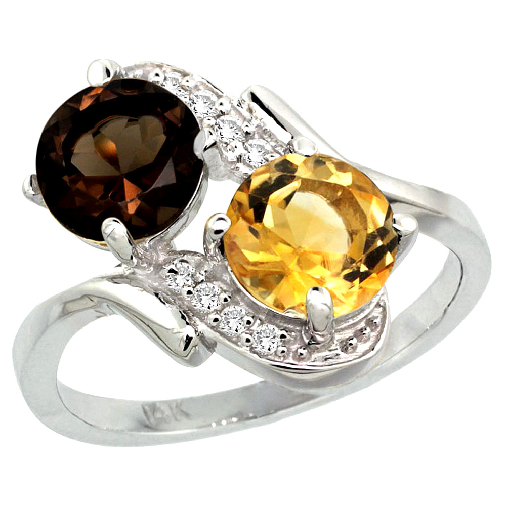 10K White Gold Diamond Natural Smoky Topaz & Citrine Mother's Ring Round 7mm, 3/4 inch wide, sizes 5 - 10