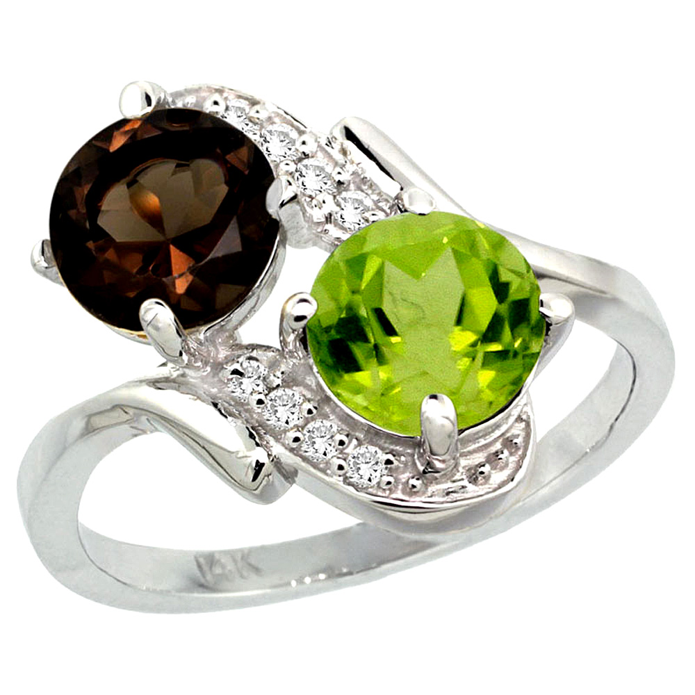14k White Gold Diamond Natural Smoky Topaz & Peridot Mother's Ring Round 7mm, 3/4 inch wide, sizes 5 - 10