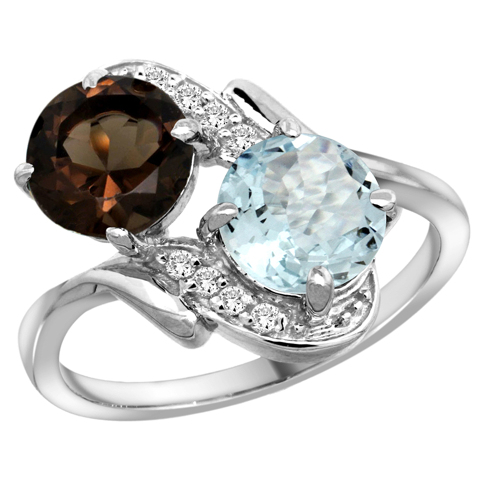 14k White Gold Diamond Natural Smoky Topaz & Aquamarine Mother's Ring Round 7mm, 3/4 inch wide, sizes 5 - 10