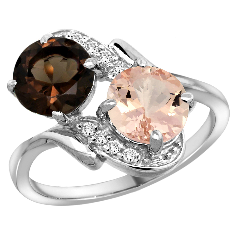 10K White Gold Diamond Natural Smoky Topaz & Morganite Mother's Ring Round 7mm, 3/4 inch wide, sizes 5 - 10