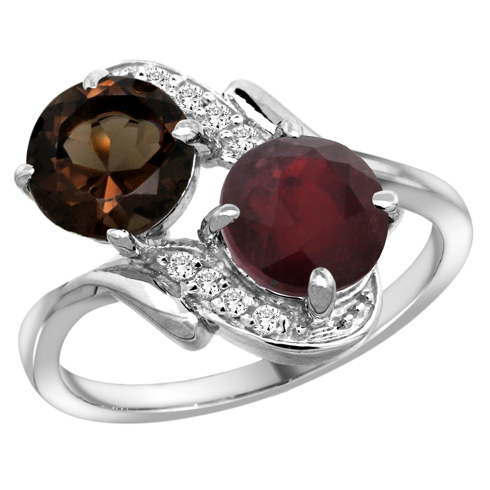 10K White Gold Diamond Natural Smoky Topaz &amp; Enhanced Genuine Ruby Mother&#039;s Ring Round 7mm, 3/4 inch wide, sizes 5 - 10