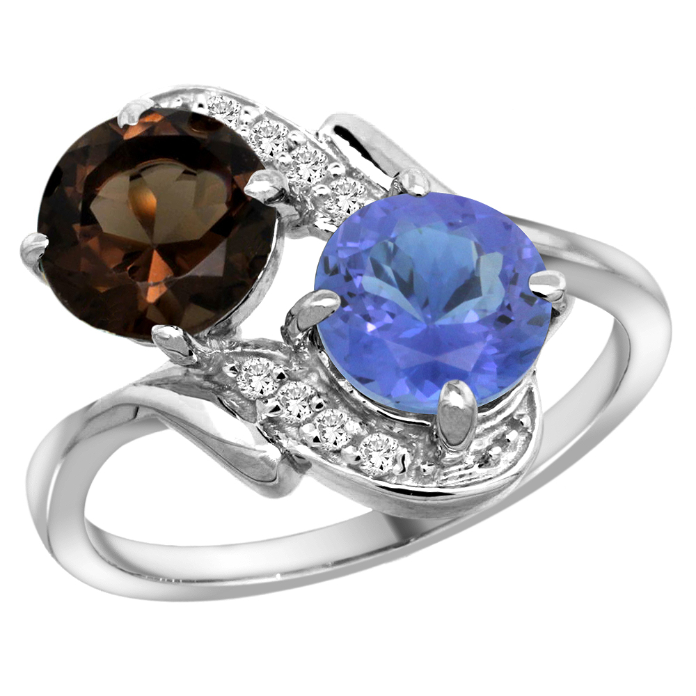14k White Gold Diamond Natural Smoky Topaz &amp; Tanzanite Mother&#039;s Ring Round 7mm, 3/4 inch wide, sizes 5 - 10