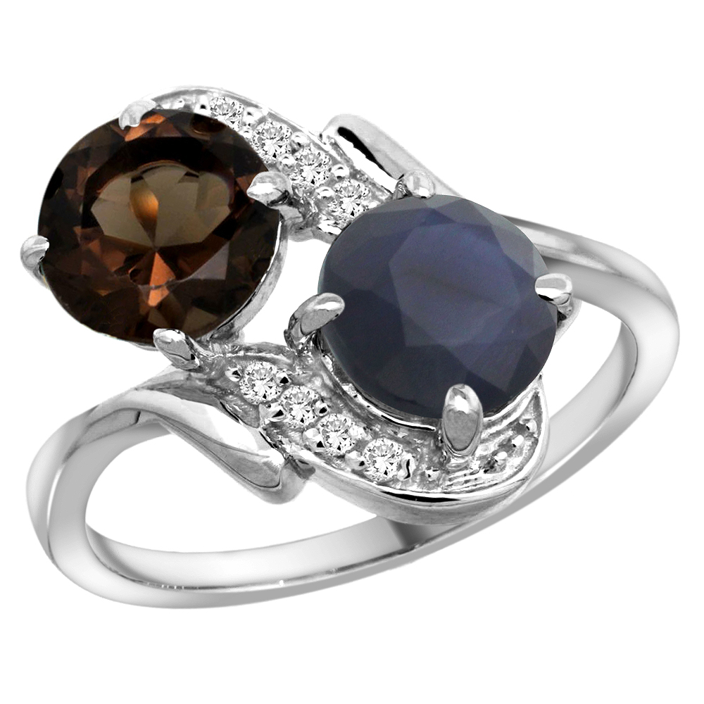 10K White Gold Diamond Natural Smoky Topaz &amp; Quality Blue Sapphire 2-stone Mothers Ring Round 7mm,sz 5-10