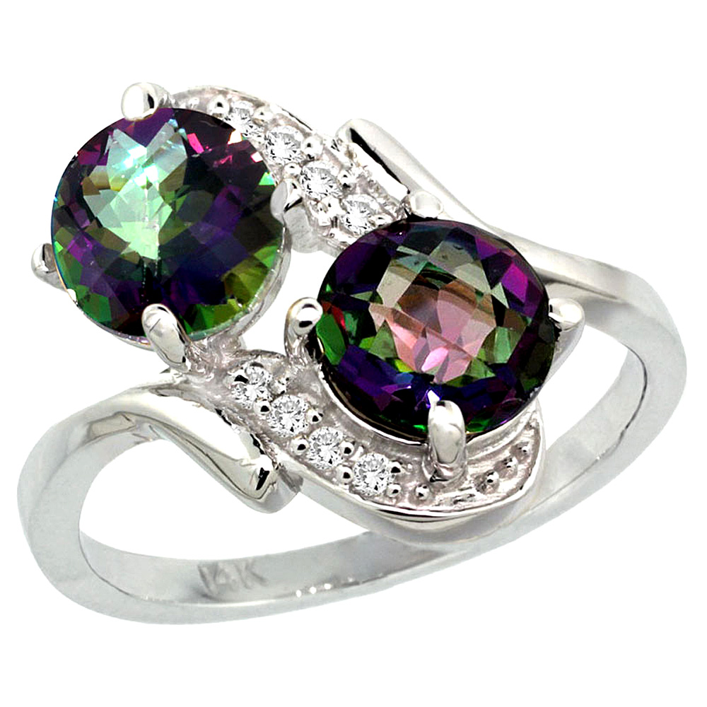 14k White Gold Diamond Natural Mystic Topaz Mother&#039;s Ring Round 7mm, 3/4 inch wide, sizes 5 - 10