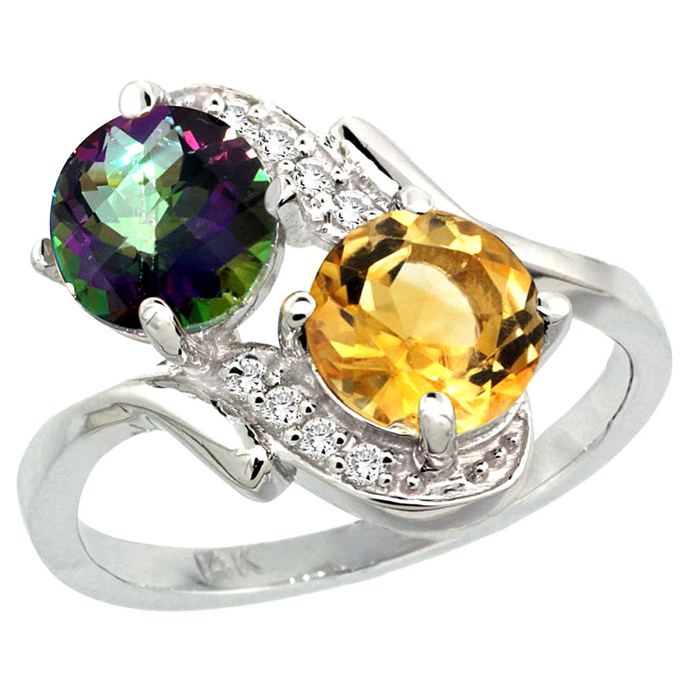10K White Gold Diamond Natural Mystic Topaz & Citrine Mother's Ring Round 7mm, 3/4 inch wide, sizes 5 - 10