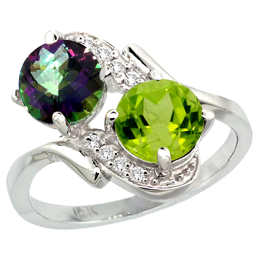 10K White Gold Diamond Natural Mystic Topaz & Peridot Mother's Ring Round 7mm, 3/4 inch wide, sizes 5 - 10