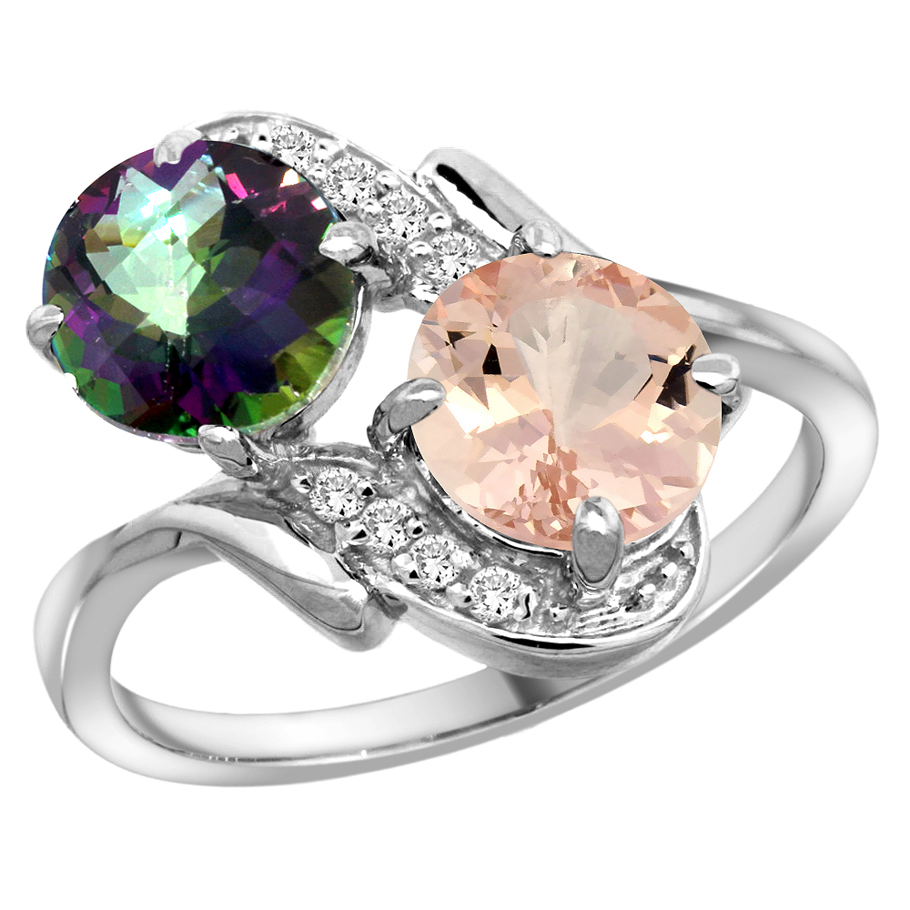 14k White Gold Diamond Natural Mystic Topaz &amp; Morganite Mother&#039;s Ring Round 7mm, 3/4 inch wide, sizes 5 - 10