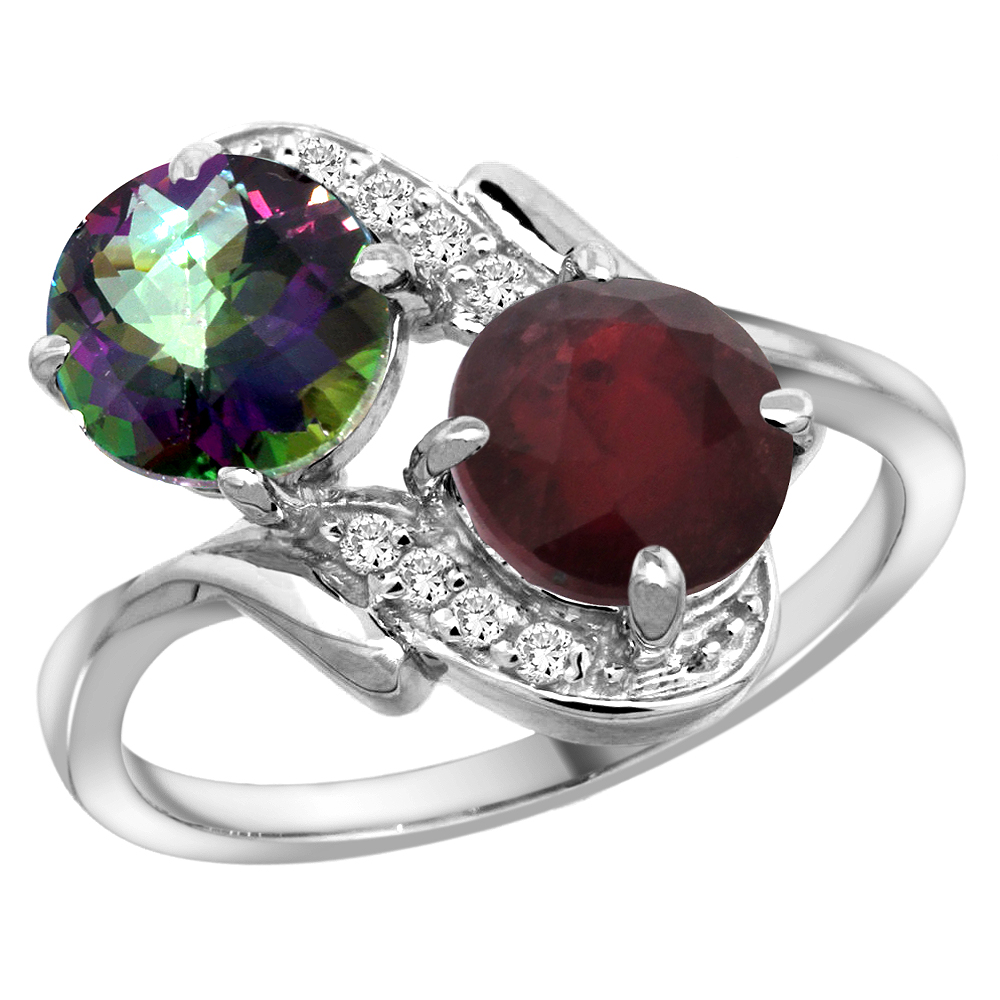 10K White Gold Diamond Natural Mystic Topaz &amp; Enhanced Genuine Ruby Mother&#039;s Ring Round 7mm, 3/4 inch wide, sizes 5 - 10