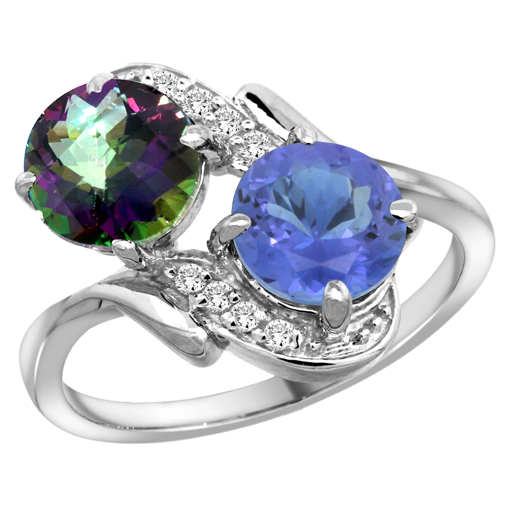 14k White Gold Diamond Natural Mystic Topaz &amp; Tanzanite Mother&#039;s Ring Round 7mm, 3/4 inch wide, sizes 5 - 10