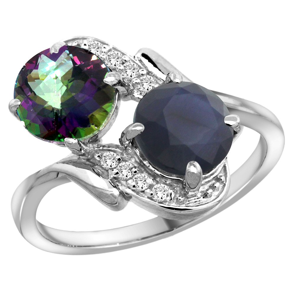 10K White Gold Diamond Natural Mystic Topaz&Quality Blue Sapphire 2-stone Mothers Ring Round 7mm,sz5 - 10